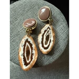 Vintage Acrylic Dangle Drop Earrings Brown Oval Clip On Boho Festival Artsy Mod